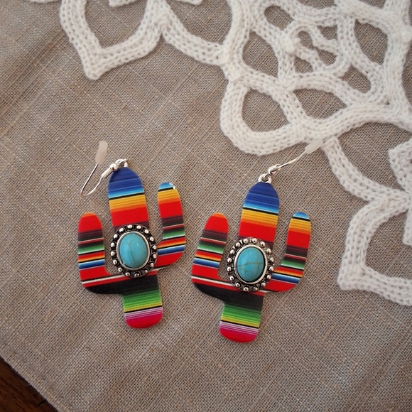💥SALE💥Rainbow/Turquoise Stone NEW Boho Chic Cactus Dangle Earrings - Picture 4 of 6